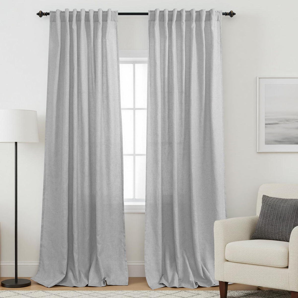 KOUFALL Floor to Ceiling Curtains 8 FT 8 FT, Sheer Linen Gray Curtains for Living Room Bedroom 96 Inch Long 2 Panel Sets, Light Grey