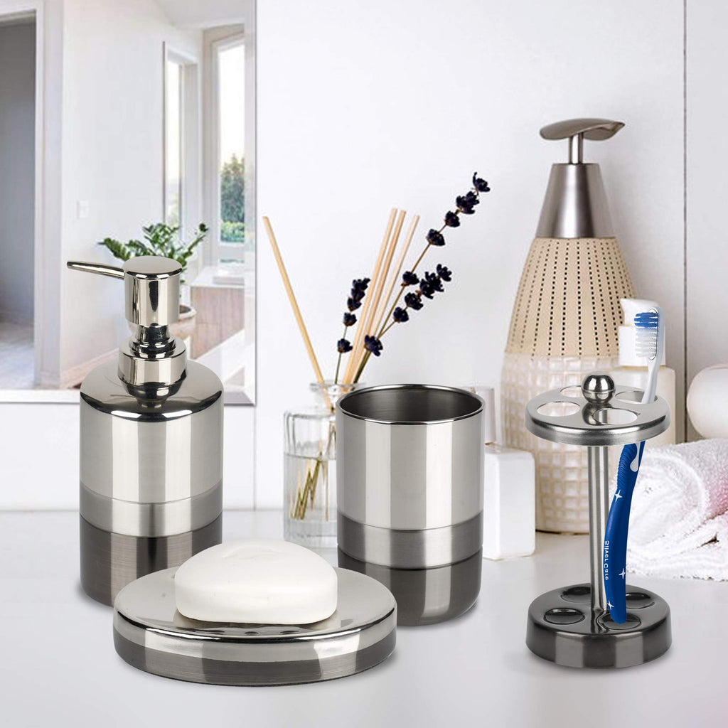 Nu Steel (Set Of 4 Triune Bath Accessory Set In 3-Tone Shiny Gray Stainless Steel For Bathrooms & Vanity Spaces