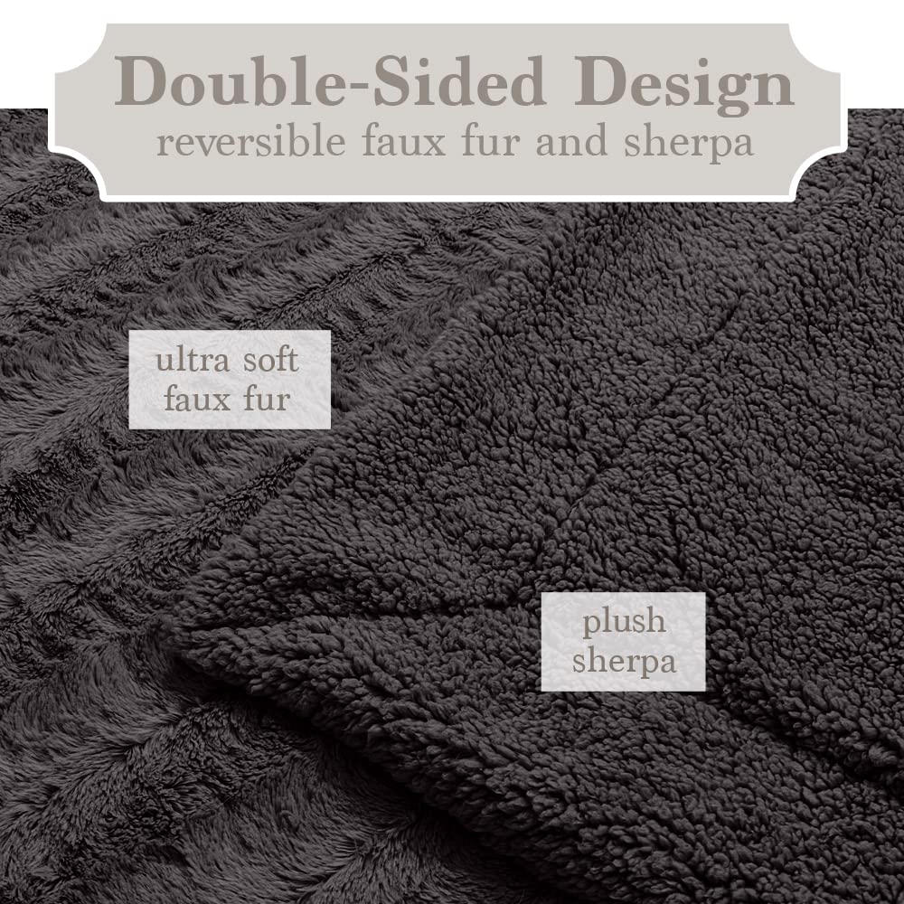 The Connecticut Home Company Throw Blanket, Soft Plush Reversible Faux Fur And Sherpa, Queen 90X90, Warm Thick Throws For Bed, Comfy Washable Bedding Accent Blankets For Sofa Couch Chair, Gray