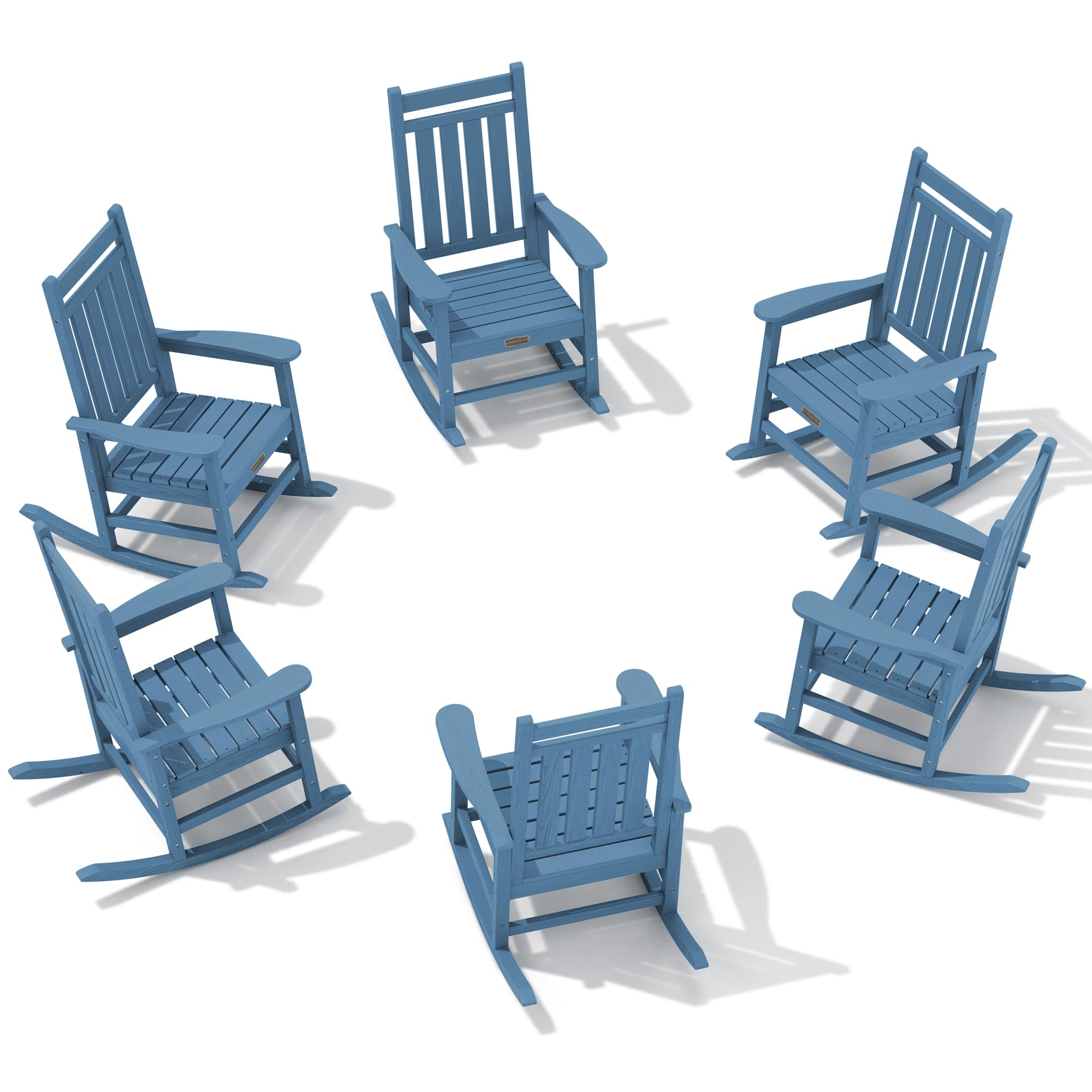 Serwall Hdpe Outdoor Rocking Chair Set Of 6, Outdoor Rocking Chairs For Adults, All Weather Outdoor Rockers For Lawn, Blue