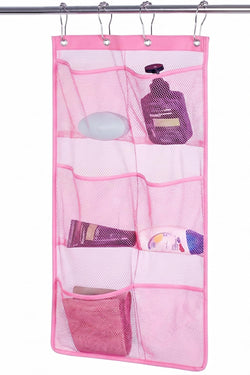 Alyer 6 Storage Pockets Hanging Mesh Shower Caddy,Space Saving Bathroom Accessories and Quick Dry Bath Organizer,PinkFour Rings