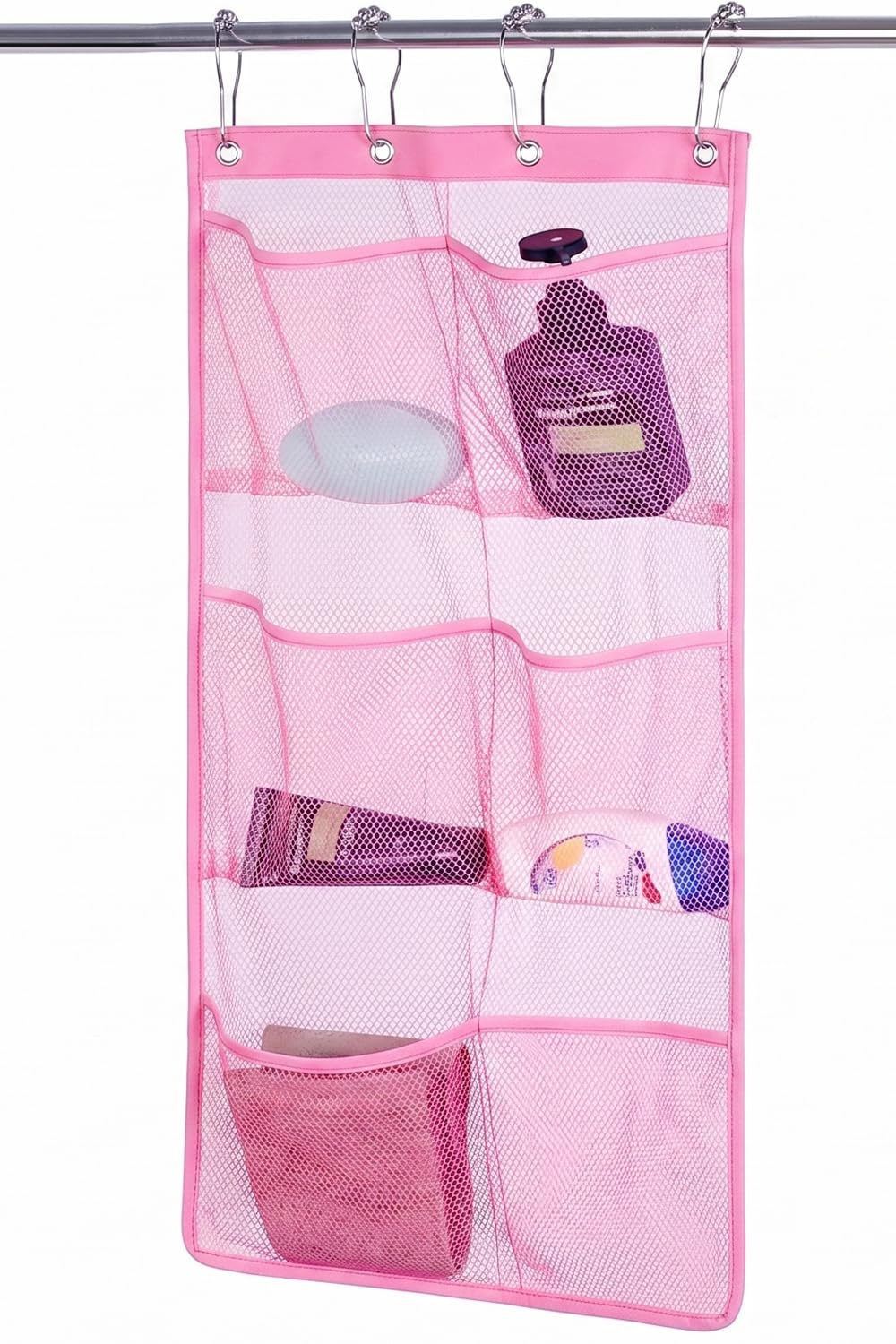 Alyer 6 Storage Pockets Hanging Mesh Shower Caddy,Space Saving Bathroom Accessories and Quick Dry Bath Organizer,PinkFour Rings
