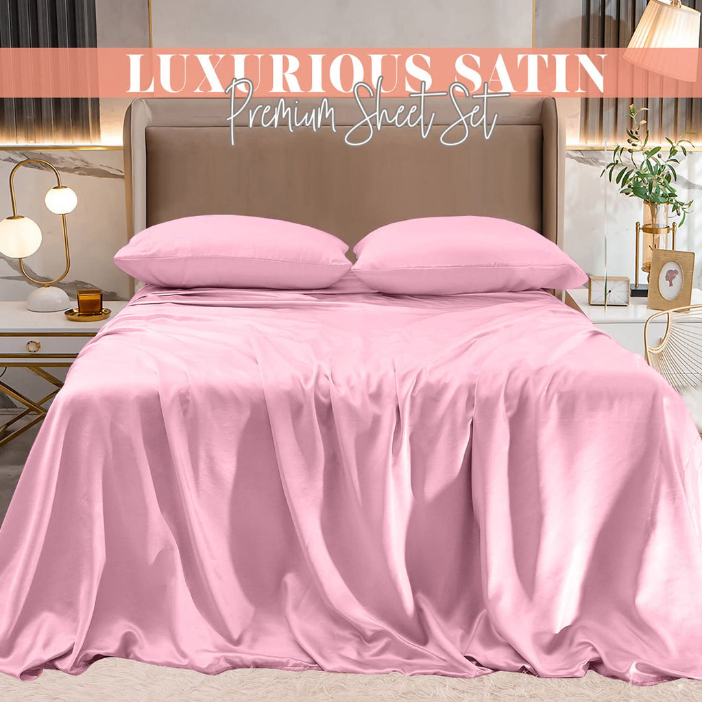 Elegant Comfort Luxurious 4-Piece Silky Satin Sheet Set, Skin And Hair Friendly, Wrinkle, Fade, Stain Resistant With Deep Pockets Fitted Sheet, Cooling Soft Satin Sheet Set, Twin Xl, Light Pink