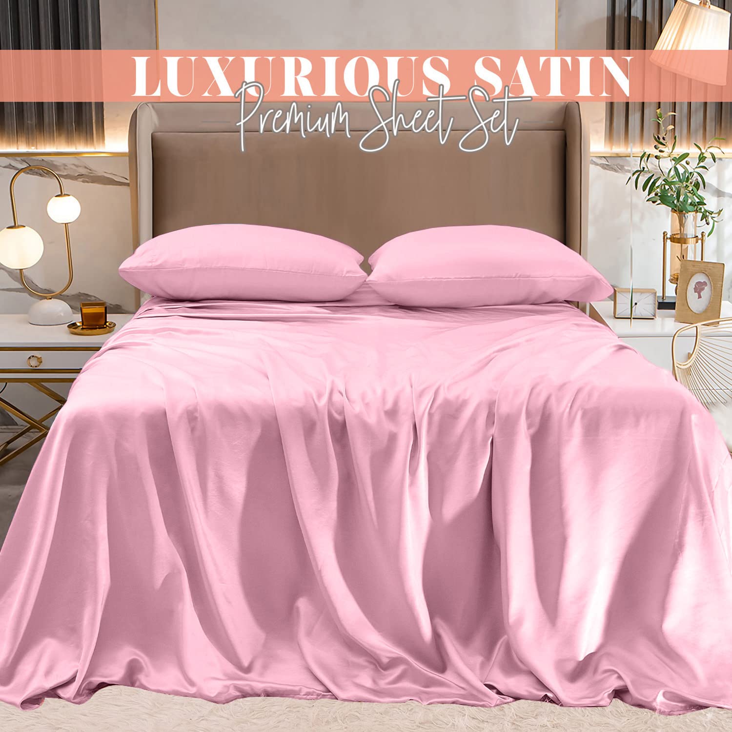 Elegant Comfort Luxurious 4-Piece Silky Satin Sheet Set, Skin And Hair Friendly, Wrinkle, Fade, Stain Resistant With Deep Pockets Fitted Sheet, Cooling Soft Satin Sheet Set, Twin Xl, Light Pink