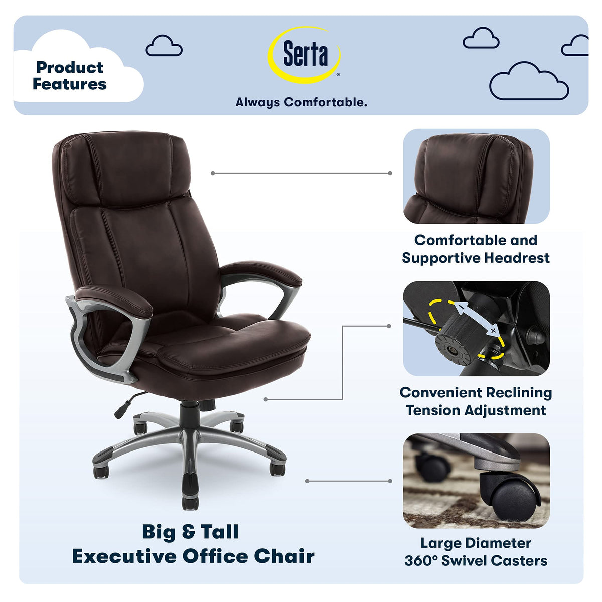 Serta Fairbanks Big And Tall High Back Executive Office Chair, Ergonomic Gaming Computer Chair With Layered Body Pillows, Contoured Lumbar Zone, Brown