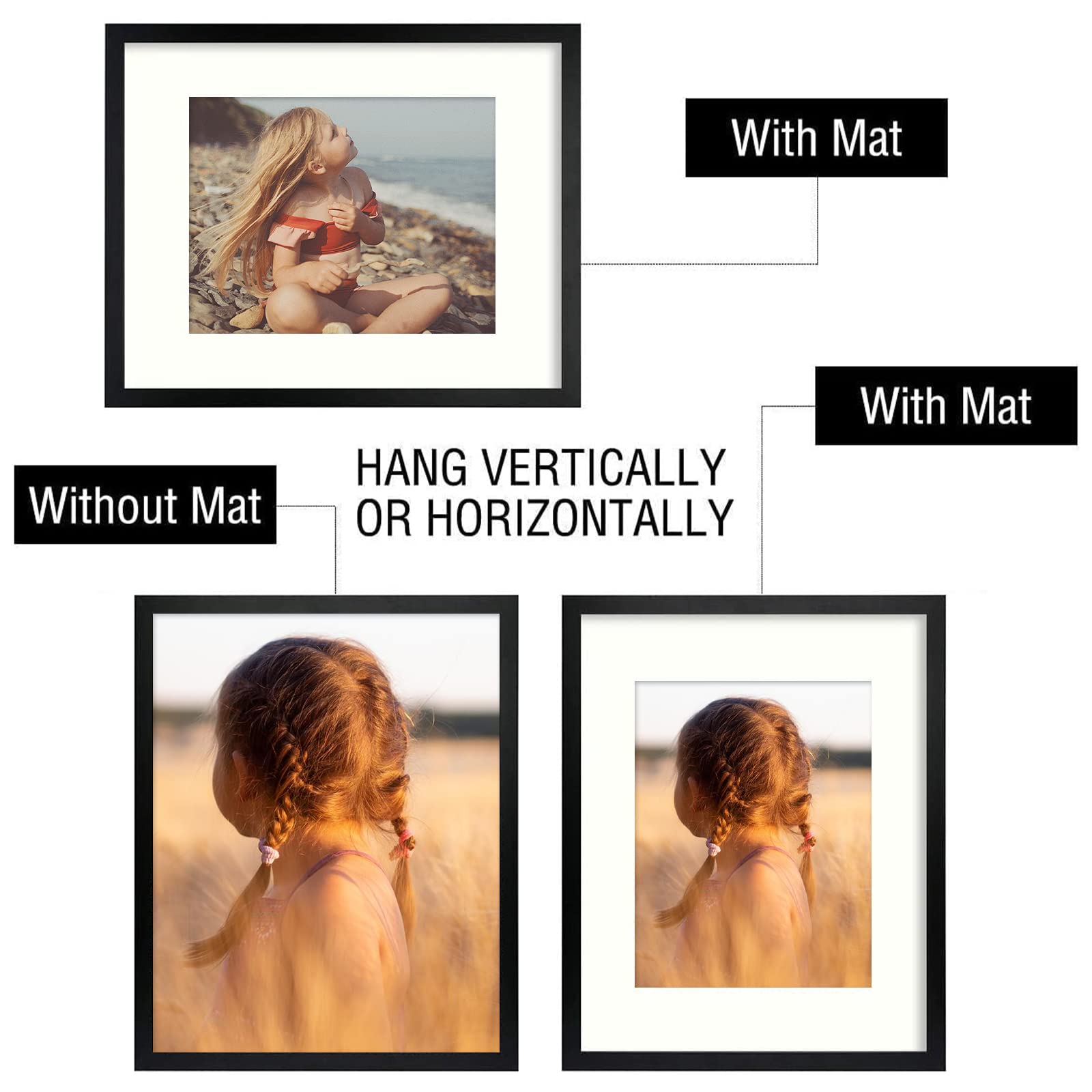 Golden State Art, Simple And Stylish Picture Frame With Ivory Color Mat & Real Glass Vertical Horizontal Display (16X20, Black)