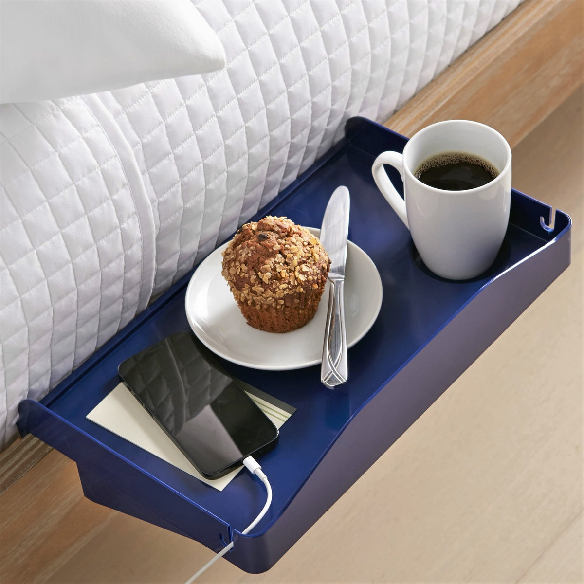 Modern Innovations Bedside Shelf For Bed, College Dorm Room, Bunk Bed Shelf For Top Bunk, Clip On Nightstand Tray With Cord And Cup Holder, Bunkbed Caddy For Table Storage (Navy)