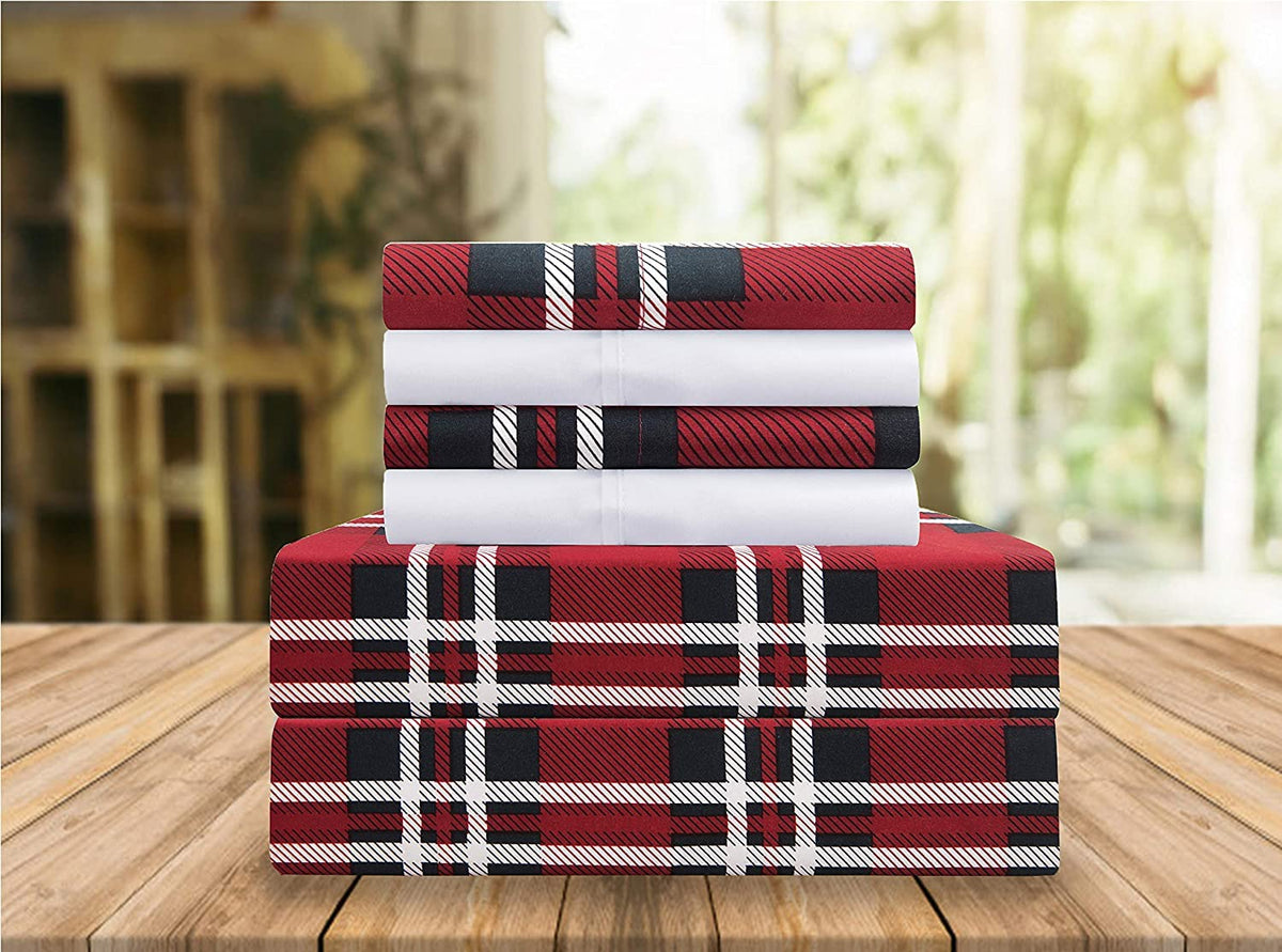 Elegant Comfort Lilliana Plaid 6-Piece Sheet Set, Supreme Coziness Fade & Wrinkle Resistant, 1500 Premium Hotel Quality Microfiber, Sheet Featuring Smart Pockets, Plaid Sheet Set, Twin Xl, Red