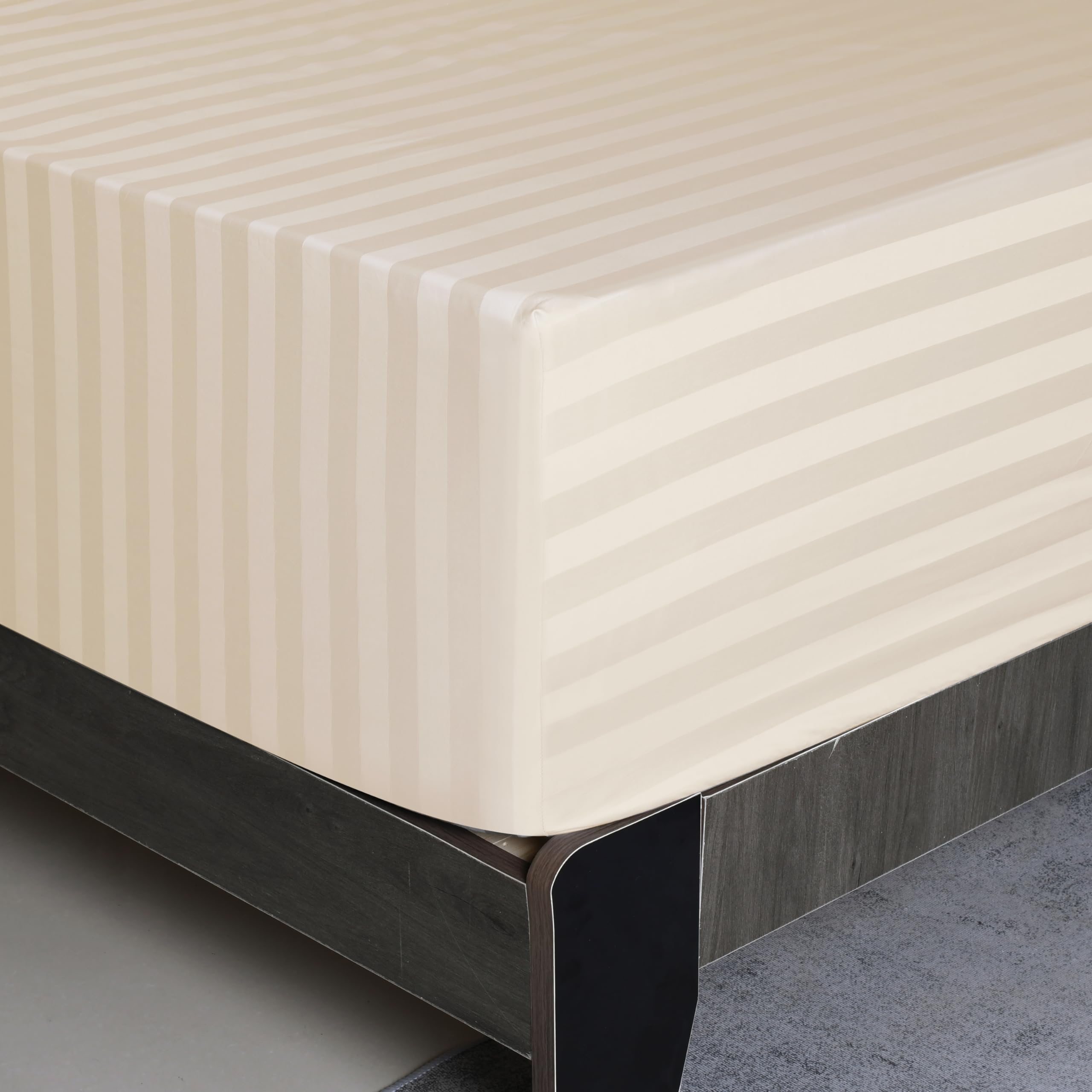 King Size Striped Fitted Sheet Only Beige Color, 100% Egyptian Cotton 600 Thread Count, 16' Deep Pocket Premium Cotton Mattress