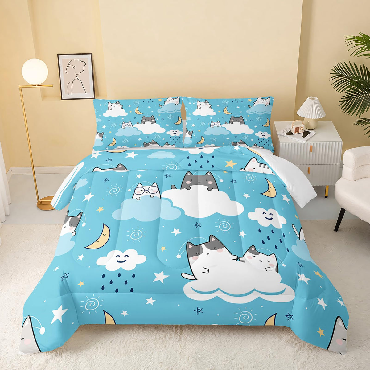 Qoomo Cat Comforter Queen Size,Blue Cloud Cats Comforter Set For Kids Teens Girls Boys,3Pcs Bedding Set Printed Comforter With 2