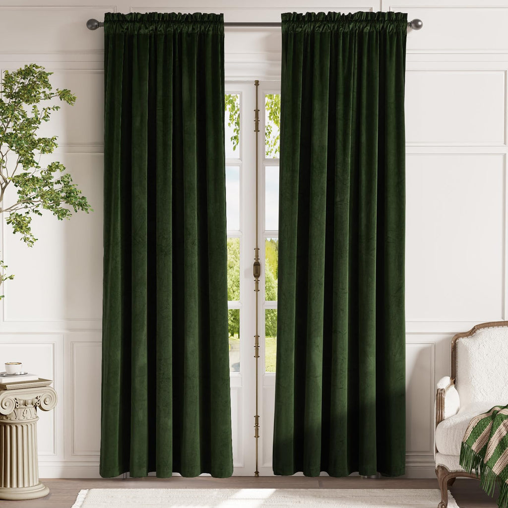 Lazzzy Green Velvet Curtain Thermal Insulated Curtains 84 Inch Long Drapes For Bedroom Living Room Darkening Window Treatments Rod Pocket, Set Of 2, Moss Green