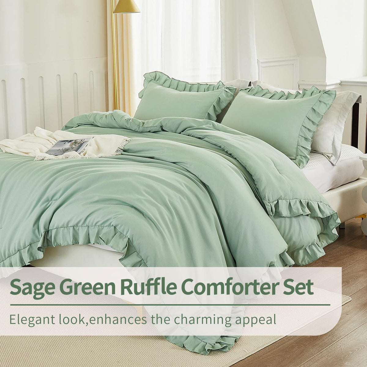 Andency Sage Green California King Comforter Set, 3 Pieces Farmhouse Shabby Chic Cal King Size Ruffle Bed Set, Oversized Soft Lightweight Microfiber Bedding Set