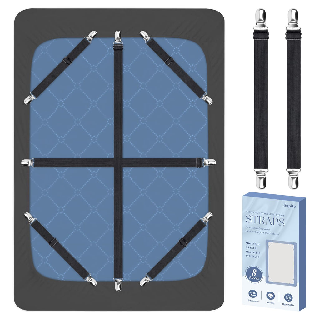 Bed Sheet Fasteners, 8 Pcs Adjustable Max Stretches To 26.8 In Holder Straps Non Slip Straps With Clips To Keep Sheets Firm & Tight, Universal & Black