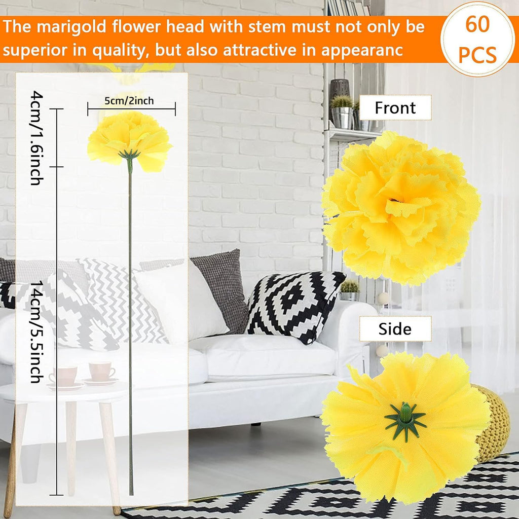 Tboxbo Artificial Marigold Flower Heads Bulk Bunch Fake Halloween With Stems For Party Birthday Diwali Decoration(Gold And Orang