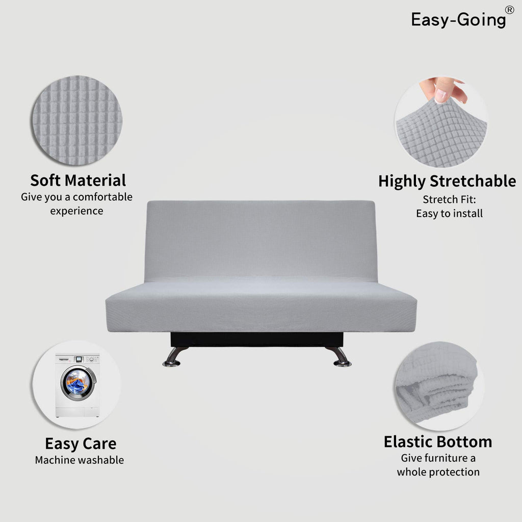 Easy-Going Stretch Futon Sofa Slipcover Armless Sofa Bed Cover Furniture Protector Without Armrests With Elastic Bottom For Kids,Soft Jacquard Fabric Small Checks(Medium Futon,Silver Gray