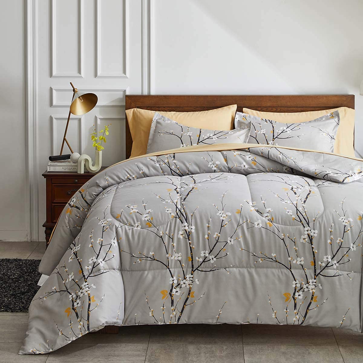 Gray Comforter Sheet Set Bed In A Bag 6 Pieces Twin Size Tree Branch Bloom Flower Spring Summer Bedding Set (1 Comforter 2 Pillo