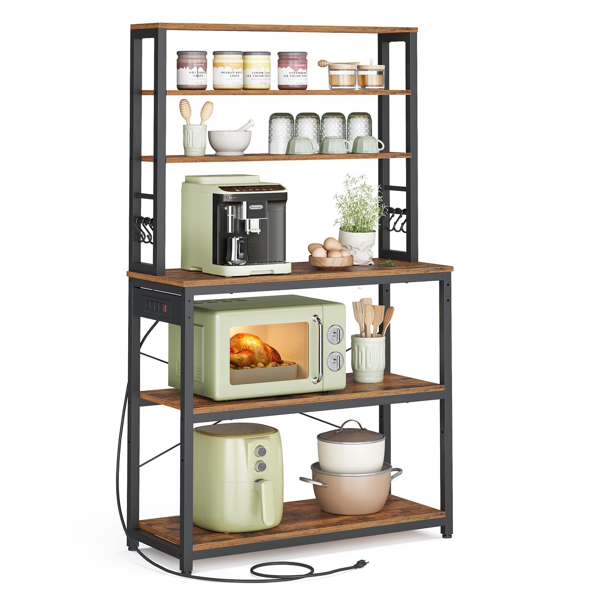 VASAGLE Bakers Rack with Power Outlet, 31.5 Inches Coffee Bar for Kitchen with Storage, 6-Tier Kitchen Shelves with 6 Hooks, Mic