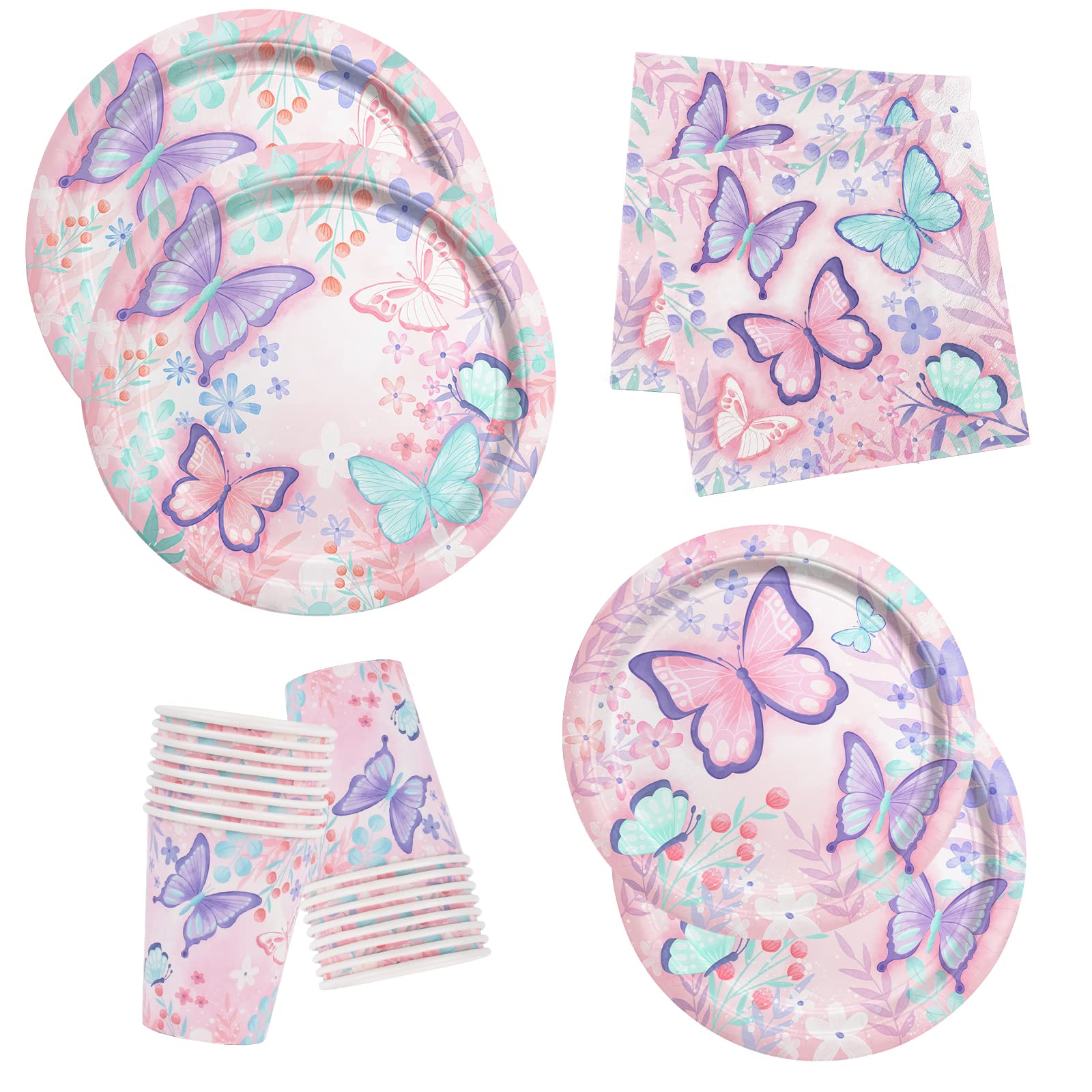 Butterfly Birthday Party Supplies Disposable Paper Plates Napkins and Cups for Butterfly Girl Party Birthday Decorations, Serve 