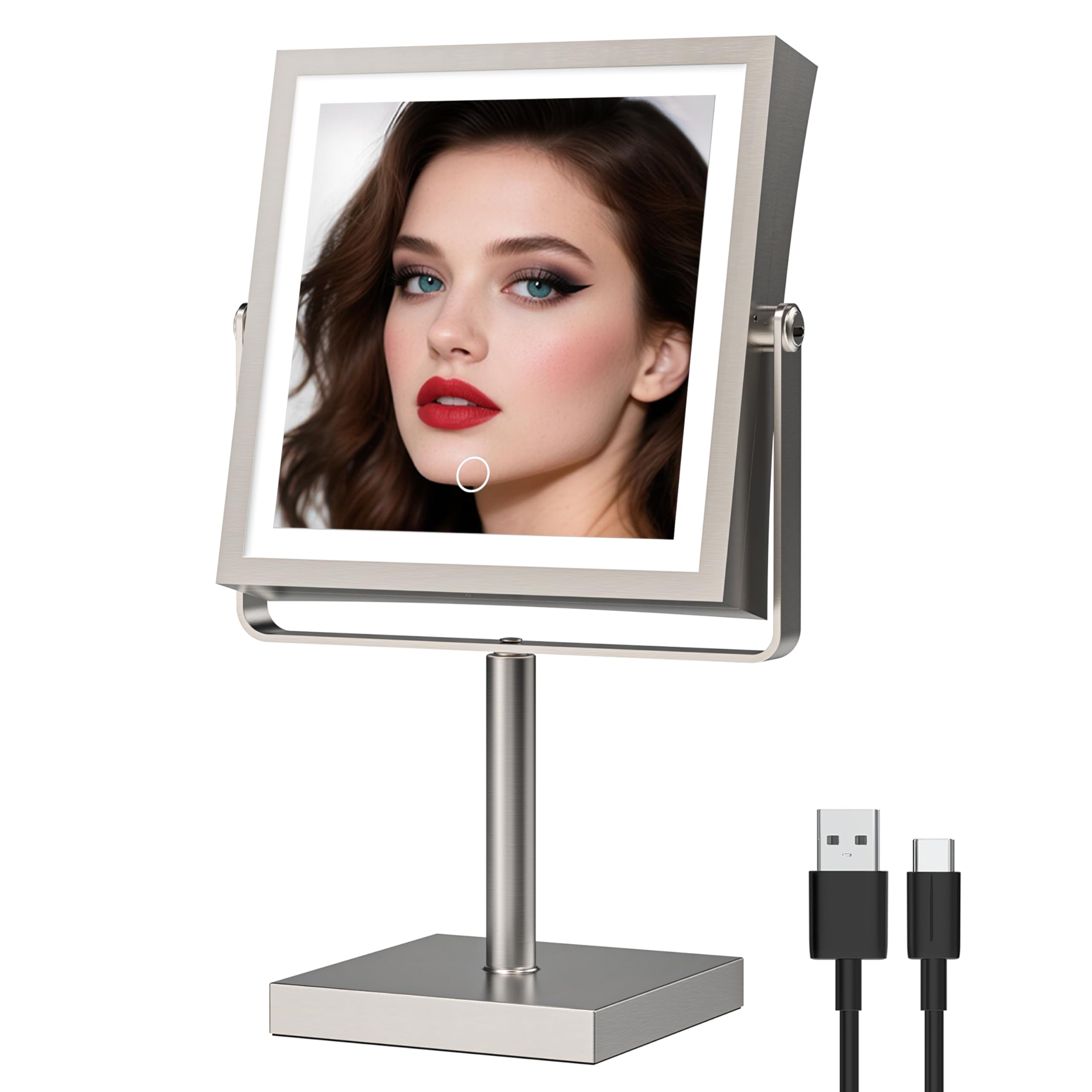 Ruacq Rechargeable Makeup Mirror, 4000mAh Lighted Makeup Mirror with Magnification1X/10X, Height Adjustable Vanity Mirror with L
