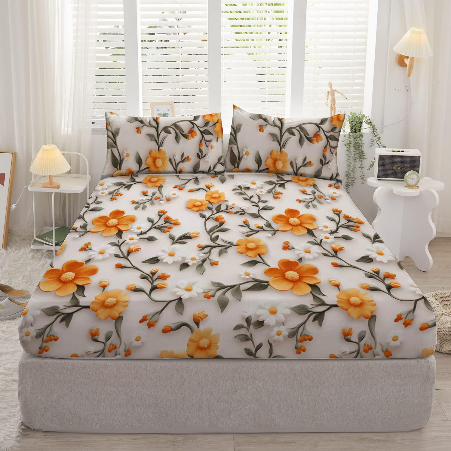 Decomizer 300Tc Cotton Feel Glace Cotton Elastic Fitted Printed King Size Double Bed Bedsheet With 2 Pillow Covers Fits Upto 8 I