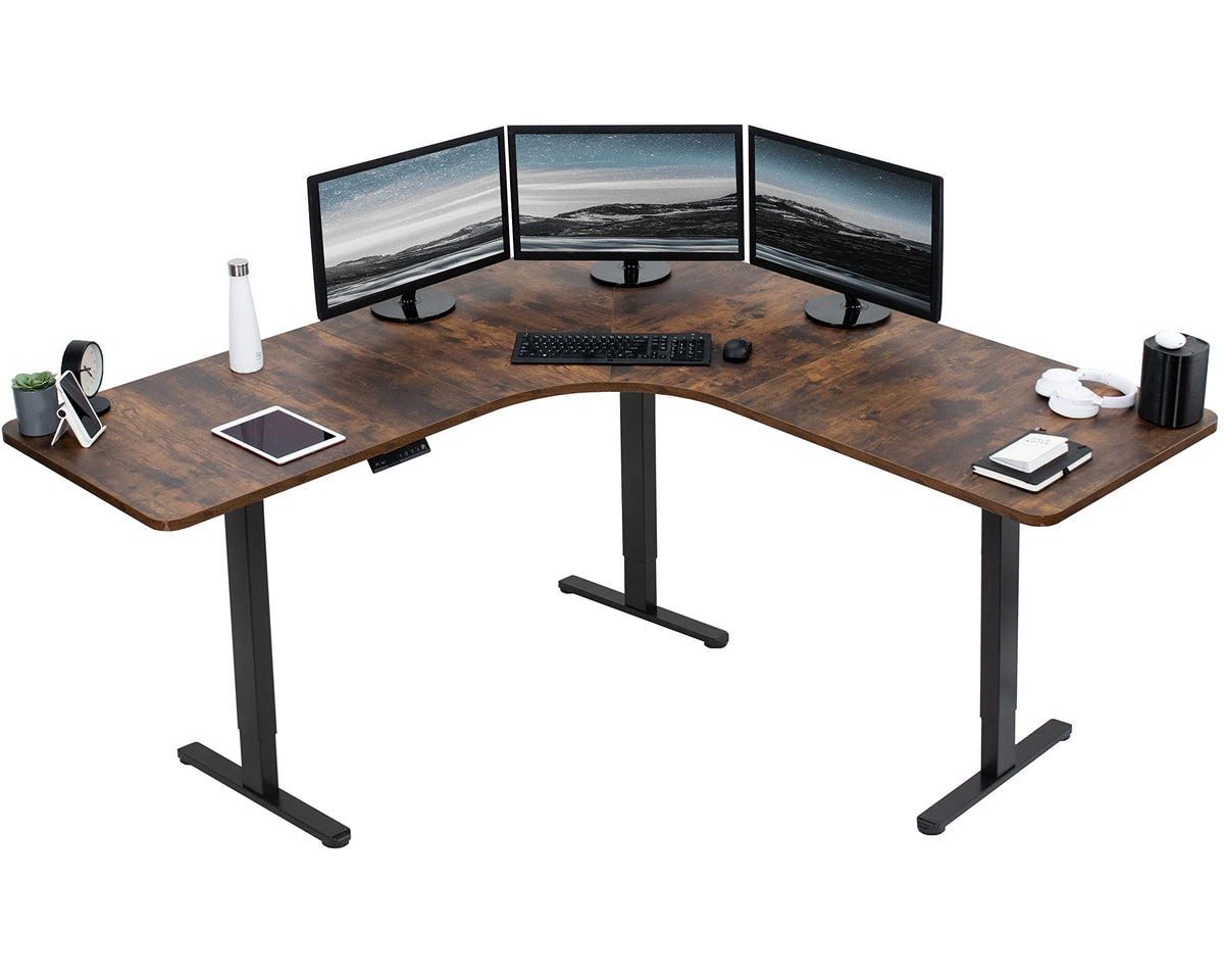 Vivo Electric Height Adjustable 71 X 71 Inch Curved Corner Stand Up Desk, Rustic Vintage Brown Table Top, Black Frame, Memory Controller, L-Shaped Workstation, E3C Series, Desk-Kit-E3Cbn