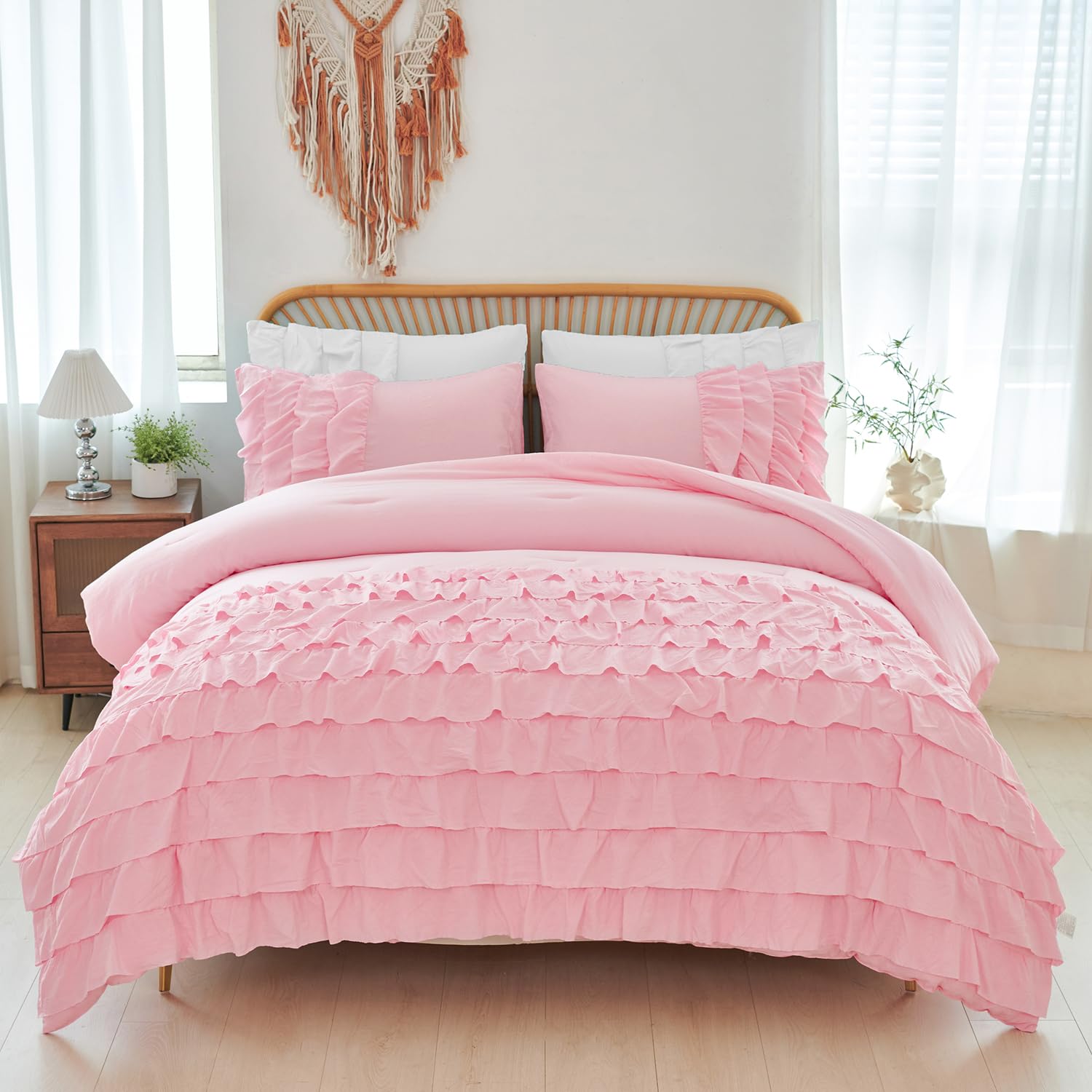 PERFEMET Pink Ruffle Girls Bedding Set Full Size 3 Pieces Farmhouse Boho Fluffy Comforter Set Washed Microfiber Multi Layers Bed