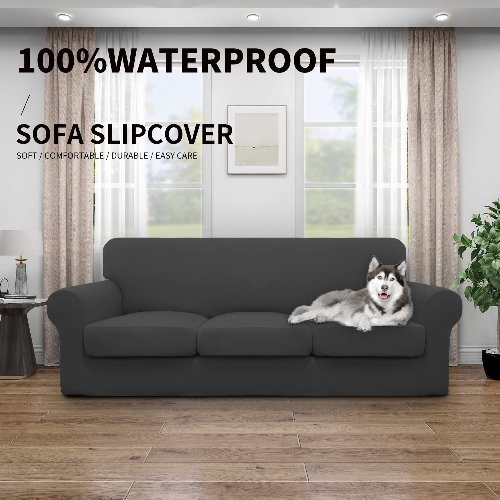 Easy-Going 100% Dual Waterproof 4 Pieces Oversized Cover Stretch Soft Couch Cover For Dogs, Sofa Slipcover For 3 Separate Cushion Couch Leakproof Furniture Protector For Kids, Pets Dark Gray