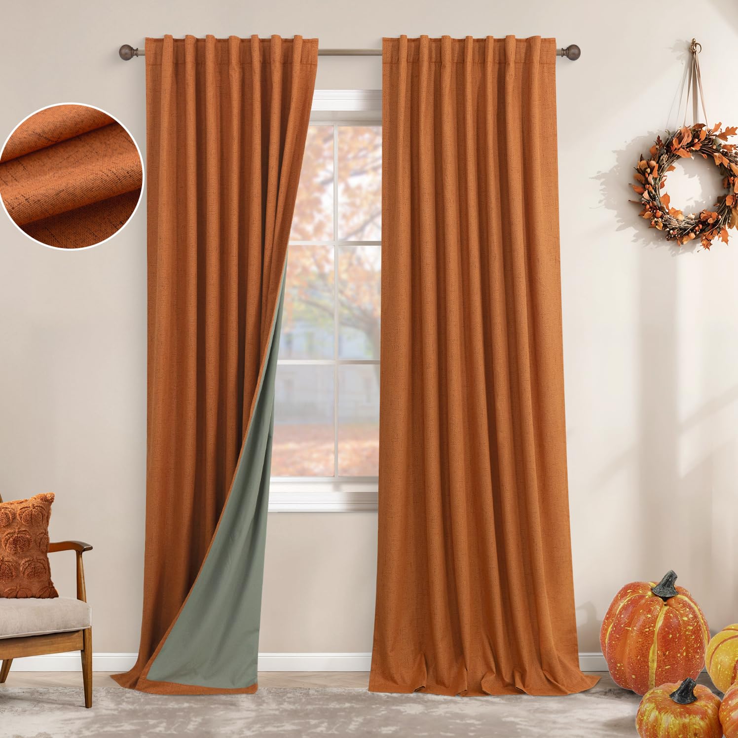 Koufall 96 Inch Curtains 2 Panel Set,Burnt Orange Linen Textured Pleated Blackout Living Room Black Out Curtain Drapes 96 Inches