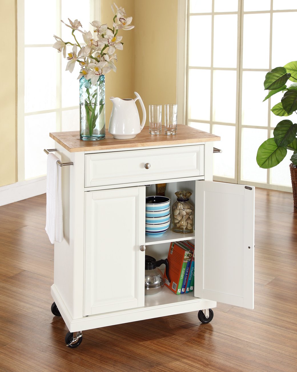 Crosley Furniture Compact Wood Top Small Rolling Cart with Shelves, Microwave Stand with Towel Rack, White