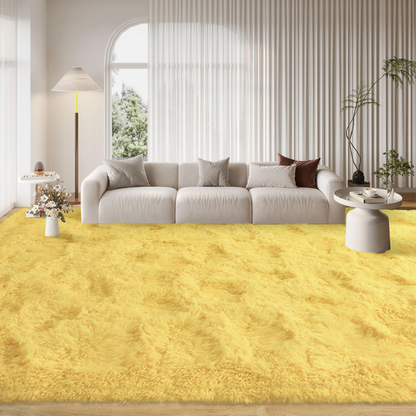 FinRec 9x12 Fluffy Yellow Rugs for Living Room Bedroom, Soft Indoor Fuzzy Shaggy Area Rug, Non-Slip Furry Rug for Teen Girls an