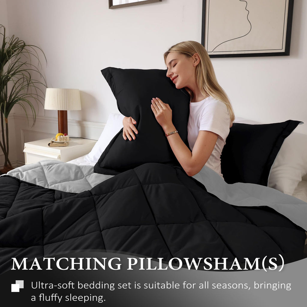 Downluxe California King Comforter Set - Black And Grey Cal King Comforter Set, Soft Bedding Sets For All Seasons - 3 Pieces - 1 Comforter (104'X96') And 2 Pillow Shams(20'X36')