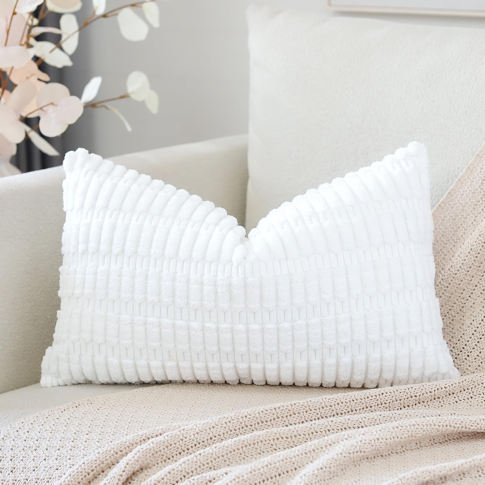 Otostar Corduroy Decorative Throw Pillow Covers 16X24 Inch Super Soft Boho Striped Rectangle Pillow Covers Case Modern Cushion Covers For Sofa Couch Bedroom Car Decor Pure White