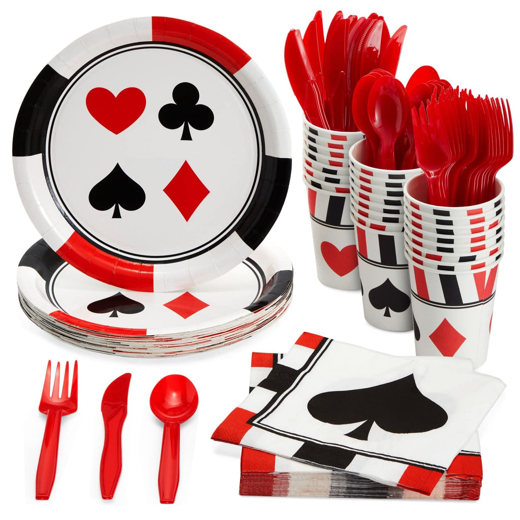 BLUE PANDA 144 Piece Casino Theme Birthday Party Decorations, Dinnerware Set with Plates, Napkins, Cups, Cutlery (Serves 24) - C