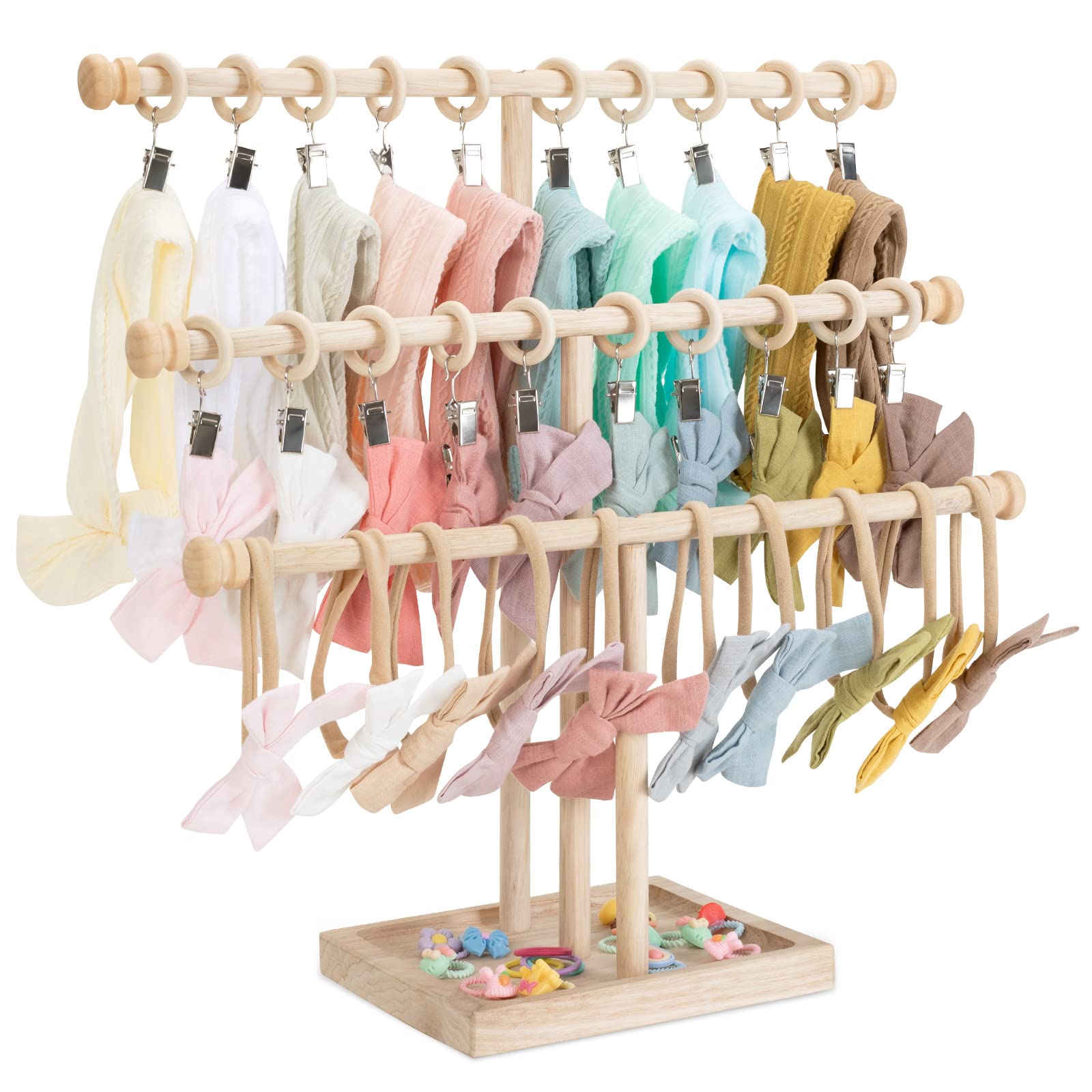 POVETIRE Headband Holder Stand Storage for Baby, 3 Tier Wooden Bow Organizer for Girls Hair Bows, Infant Hair Accessories Rack D