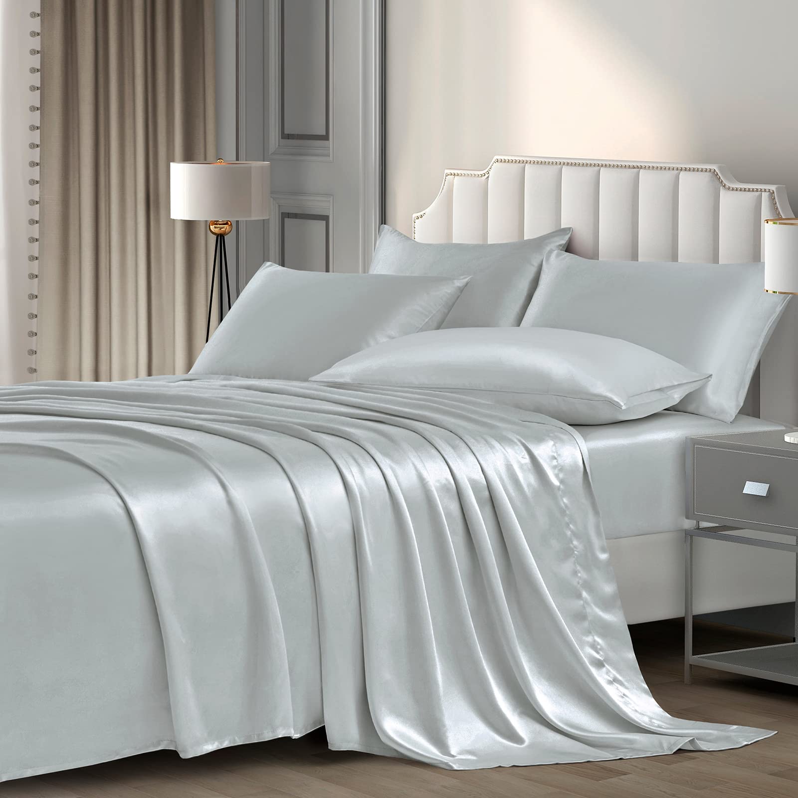 P Pothuiny Satin Sheets Queen (6 Pieces, Silver Grey) - Luxury Silky Satin Bed Sheets Queen Bedding Set, Extra Soft Satin Sheet