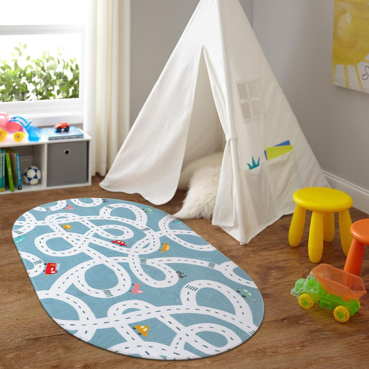 LIVEBOX Blue 3x5 Non-Slip Kids Play Rug, Machine Washable Road Mat for Playroom, Toy Room Carpet with Cartoon Design for Boys 