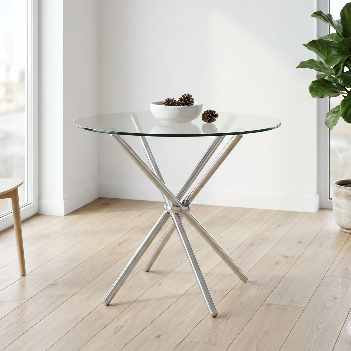 Round Glass Dining Table 30 Inch Diameter With 10 Mm Toughened Clear Glass Top Folding Stainless Steel Grade 202 Frame Compact S