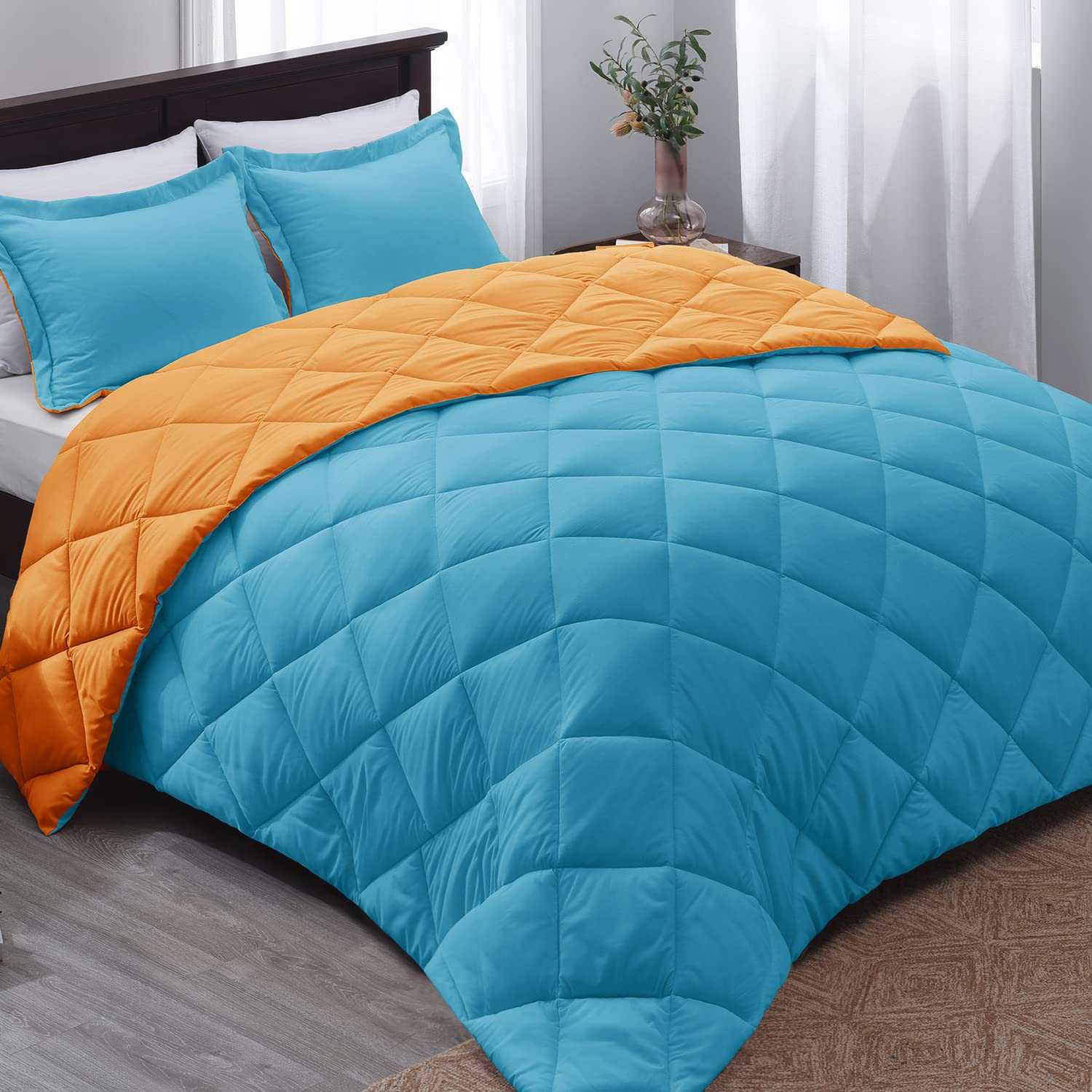 Basic Beyond King Size Comforter Set - Peacock Blue And Orange Comforter Set, Reversible King Bed Comforter Set For All Seasons, 1 Comforter (104'X92') And 2 Pillow Shams (20'X36'+2')