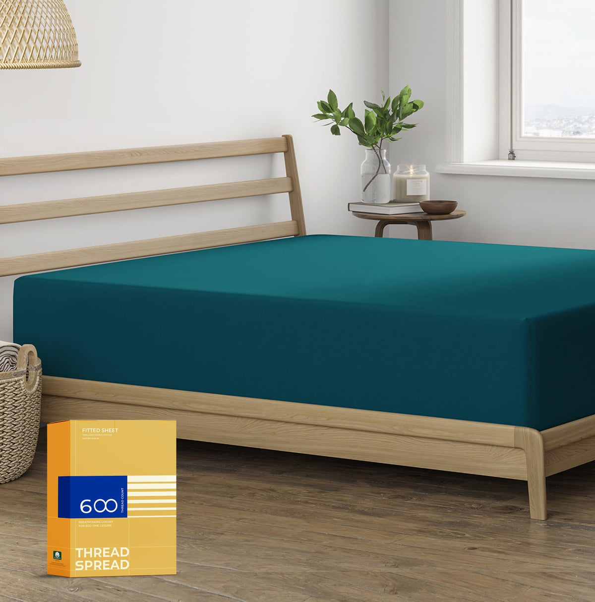 Thread Spread 100% Egyptian Cotton Fitted Sheet Twin Size - 600 Thread Count 16' Deep Pocket Twin Fitted Sheet Only, Soft Cooling Sateen Elastic Bottom Sheet, Fits College Dorm Mattress, Teens - Teal