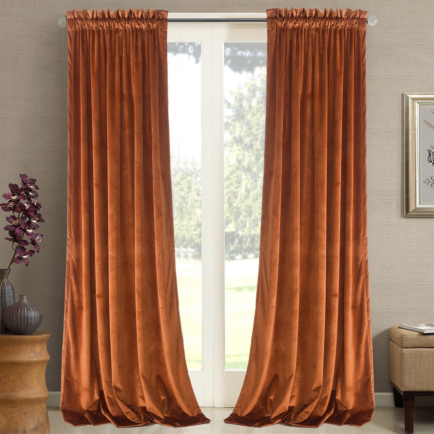 Roslynwood Orange Curtains Velvet - 108 Inches Extra Long Living Room Thermal Insulated Blackout Door Drapes For Dining Room/The