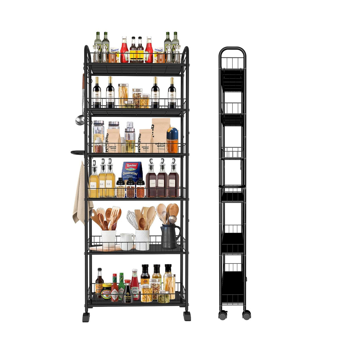 Seadasyoon 6 Tier 6In Slim Rolling Storage Cart With Handle, Mobile Shelving Unit With Wheels, Metal Wire Storage Rack With Bask
