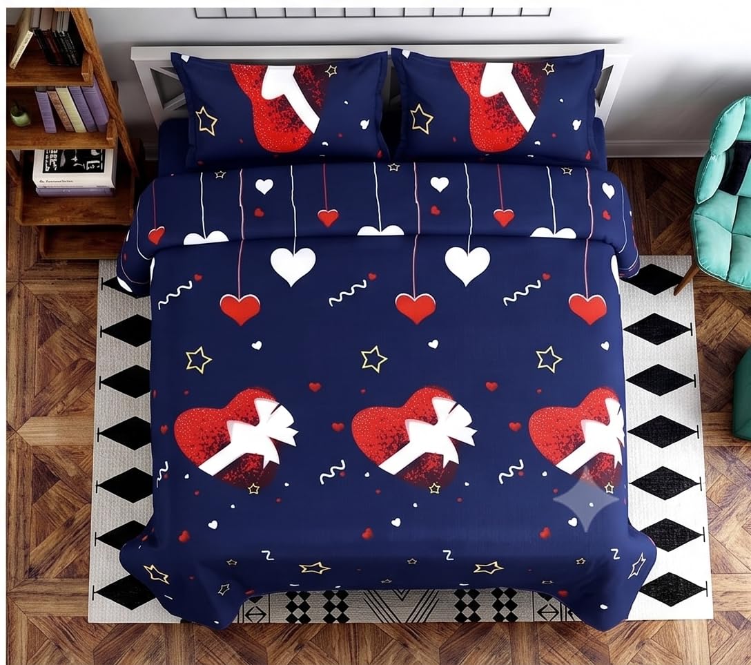 Yorik Poly Cotton Double Bedsheet with 2 Pillow Covers, Navy Blue, Leaf Print, 90x100 Inches