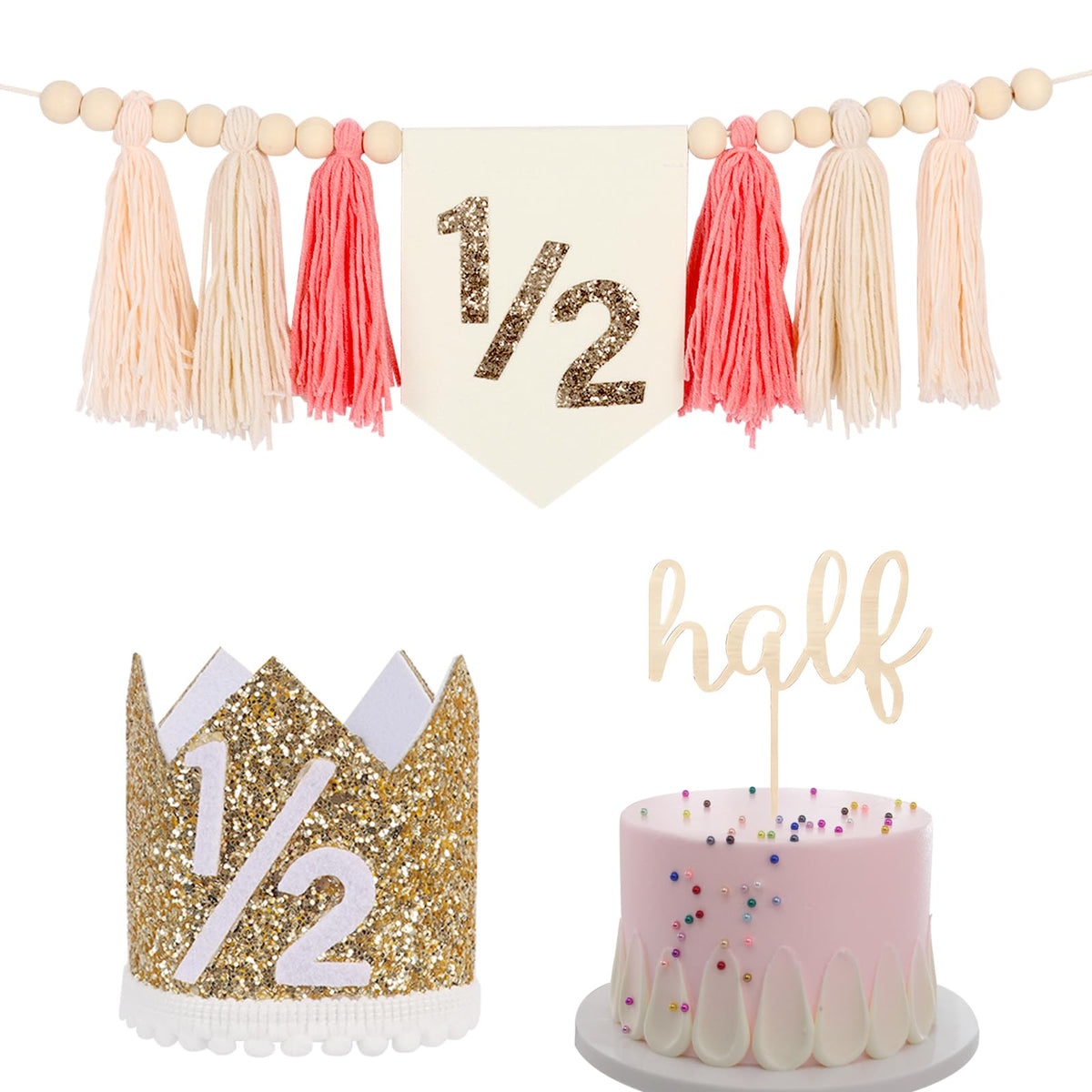 Happy Birthday Banner Decoration for Girls Boys Beige Half Birthday Highchair Banner First with 1/2Birthday Hat Gold Half Birthd