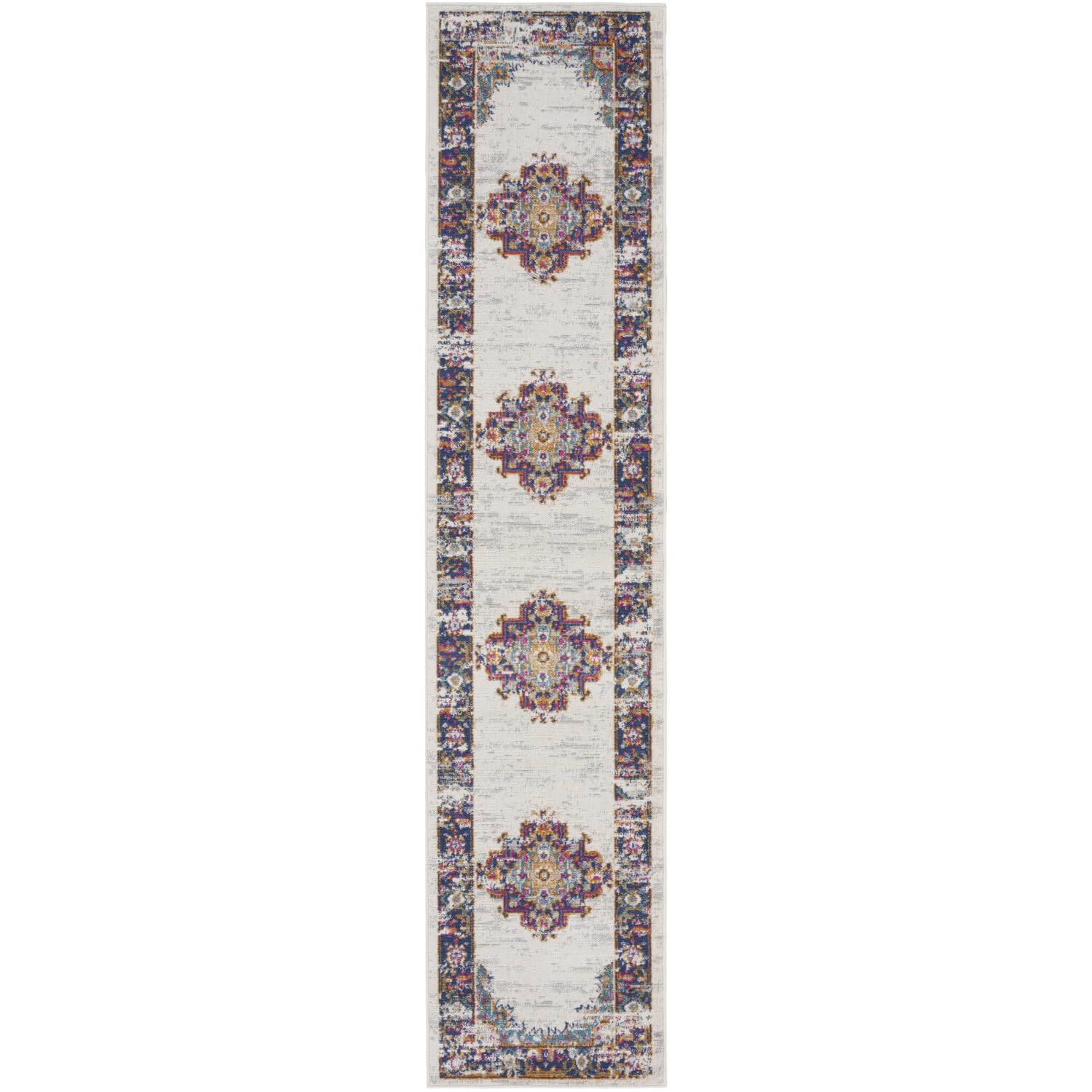 Nourison Passion Bordered Ivory Blue 2'2'' x 10' Area -Rug, Easy -Cleaning, Non Shedding, Bed Room, Living Room, Dining Room, Ki