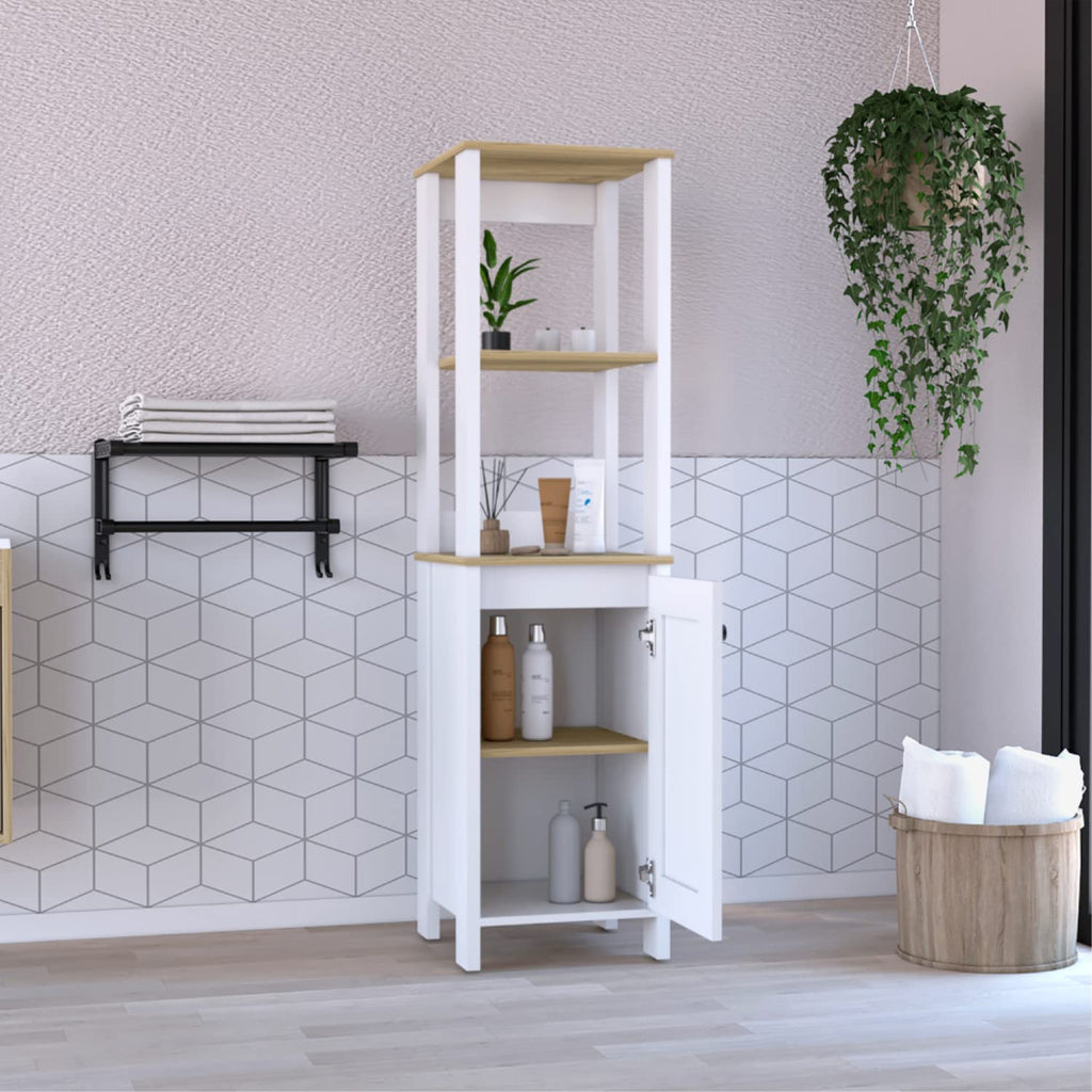 Linen Single Door Cabinet 59.3H, 2 Interior Shelves, 2 Open Shelves, Light Oak/White