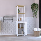 Linen Single Door Cabinet 59.3H, 2 Interior Shelves, 2 Open Shelves, Light Oak/White