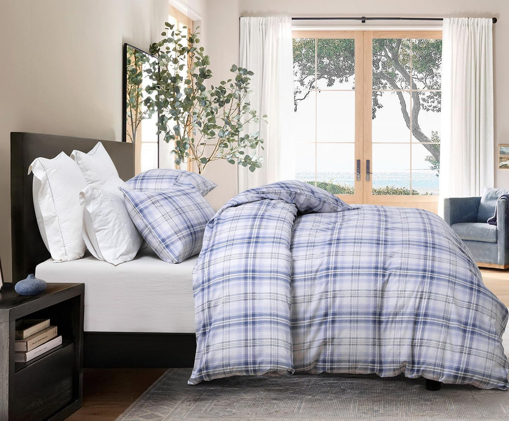 Sleepbella Blue White Plaid Duvet Cover Set, 100% Cotton Bedding, Buffalo Grid Geometric Checker Pattern, With Button Closure (3