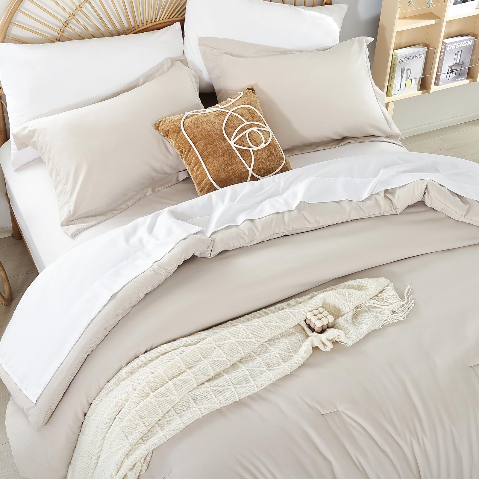Weigelia Full Size Comforter Set Boho Beige Bed Comforter Set 7Pc Comforters Full Size Microfiber Comforter Soft All Season With