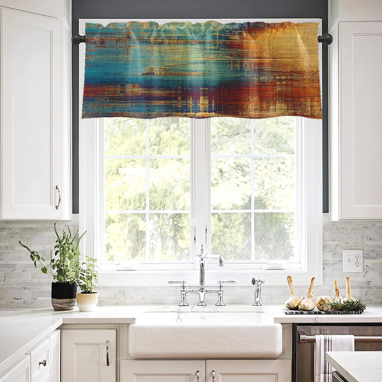 Emvency 2 Pack Valances Window Treatments, Blue And Orange Vintage Messy Rust Blackout Drapes Adjustable Curtain Valances For Wi