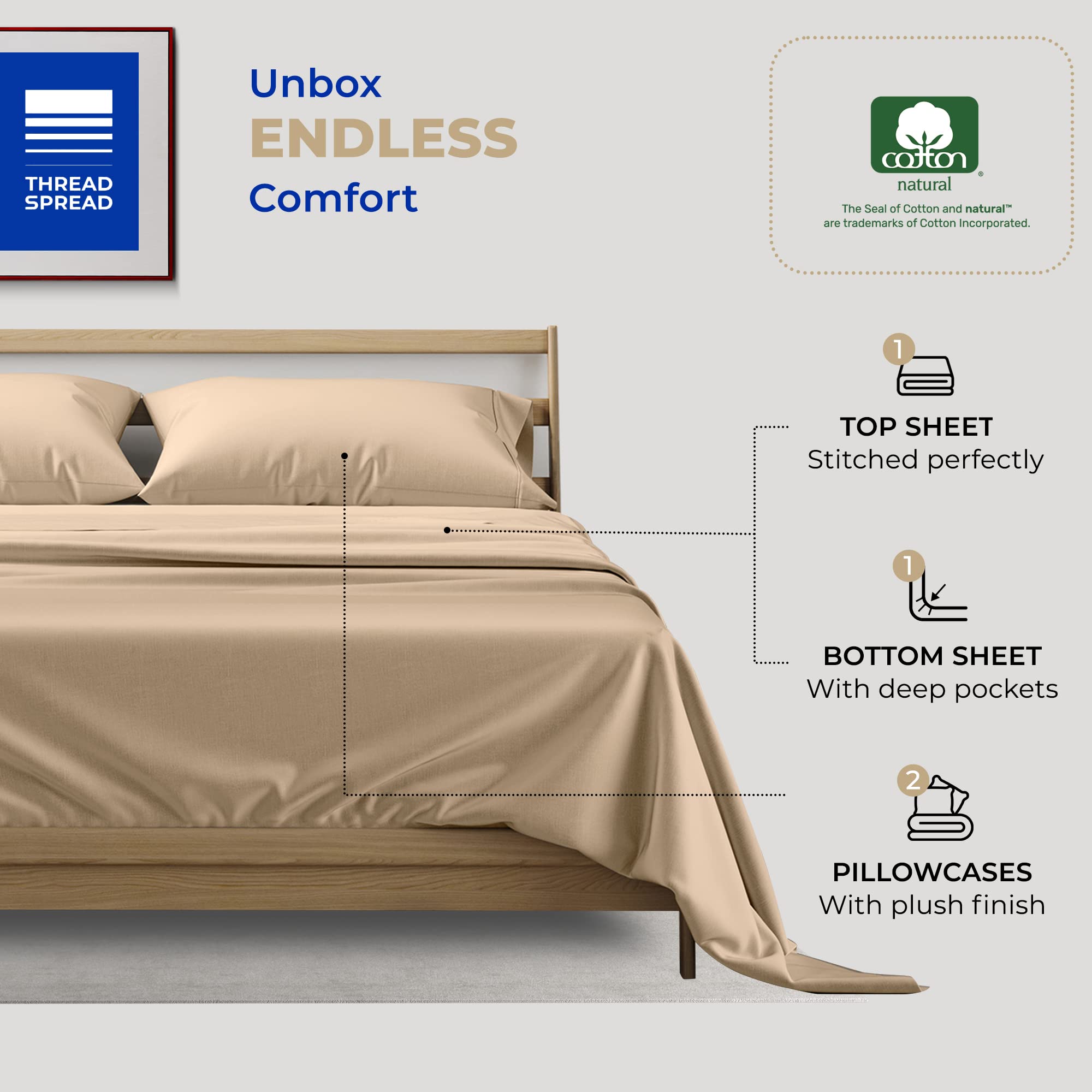 Thread Spread Full Size Sheets Cotton - 400 Thread Count 4 Pc 100% Cotton Full Size Sheet Sets, 16?Deep Pocket Full Size Sheets Set, Cooling Full Sheet Set, Luxury Hotel Sheets & Pillowcases (Taupe)